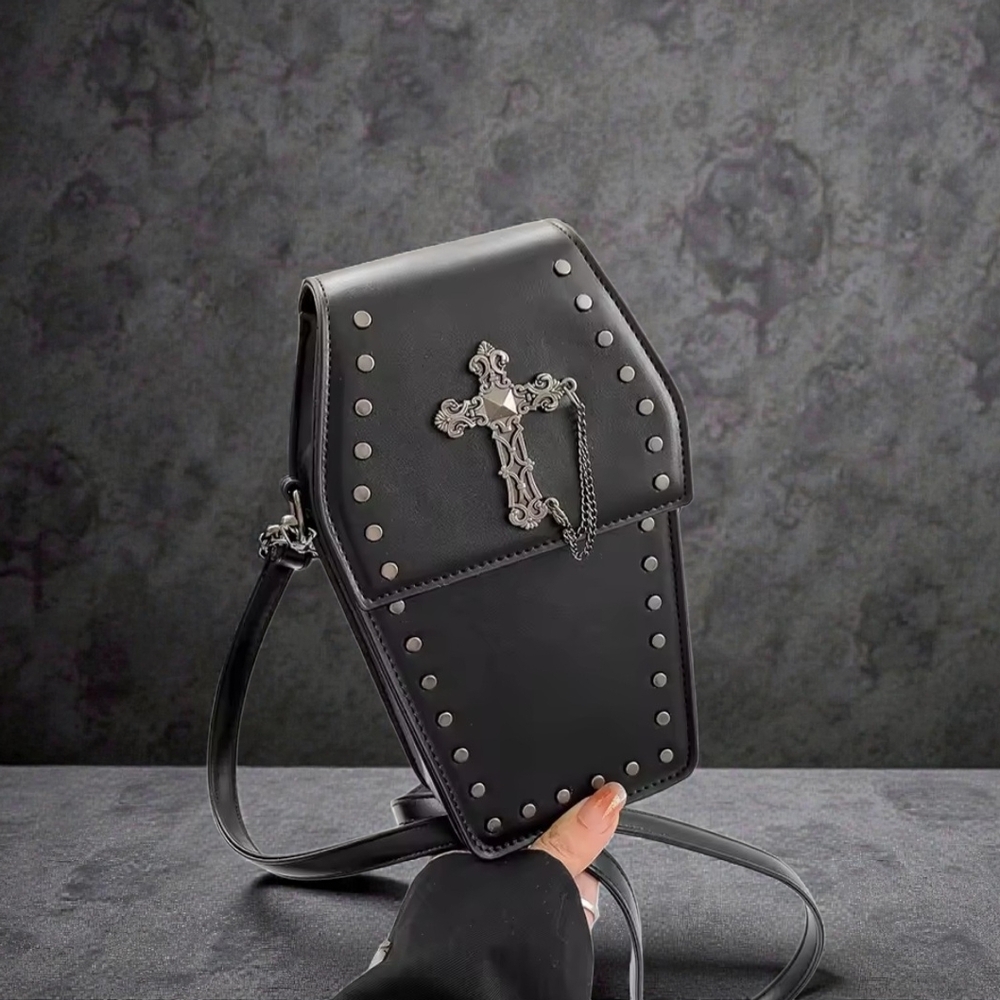 Black Gothic Coffin Style Crossbody Bag with Cross Design